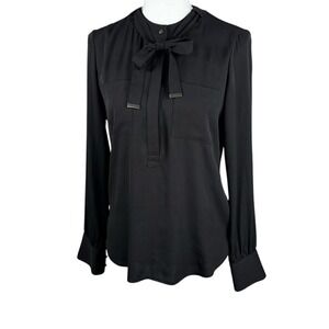 WHBM Top 4 Black Tie Button Neck Long Sleeve Chic Rich Girl Whimsigoth Career